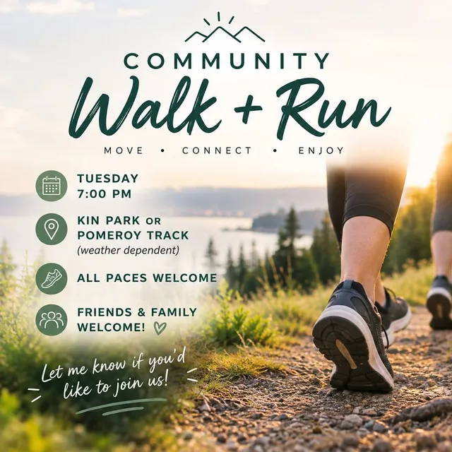 Community Walk and Run poster: Tuesdays at 7pm, Kin Park or Pomeroy Track